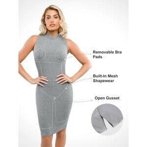 Popilush Women’s Grey Shapewear Modal Sleeveless Mock Neck Slimming Midi Dress M
